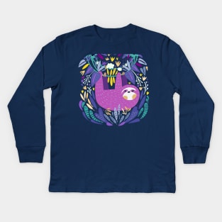 Purple Sloth Kids Long Sleeve T-Shirt